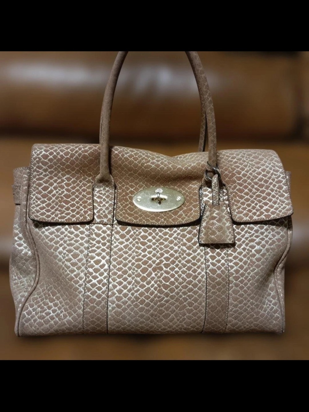 Mulberry Taupe Snakeskin-Texture Top-Handle Satchel